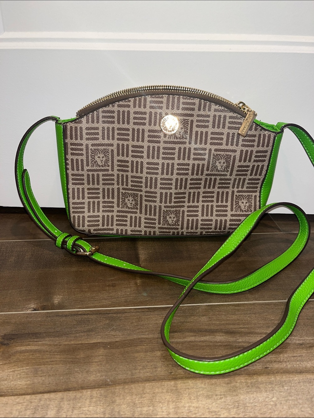 Anne Klein Brown Pattern Crossbody with Bright Green Trim gold zip